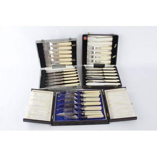 568 - 3 x Vintage BOXED Silver Plated Fish Cutlery Set Inc Engraved Knives Etc