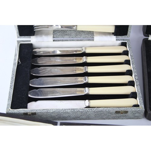 568 - 3 x Vintage BOXED Silver Plated Fish Cutlery Set Inc Engraved Knives Etc