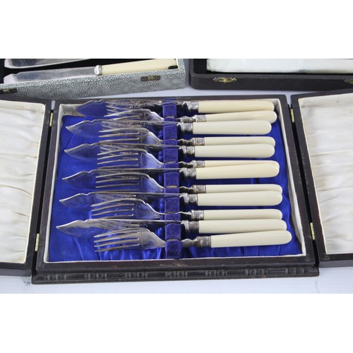 568 - 3 x Vintage BOXED Silver Plated Fish Cutlery Set Inc Engraved Knives Etc