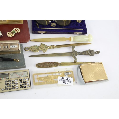 592 - Job Lot Of Assorted DESK ACCESSORIES Inc Brass Scales, Perpetual Calendar Etc