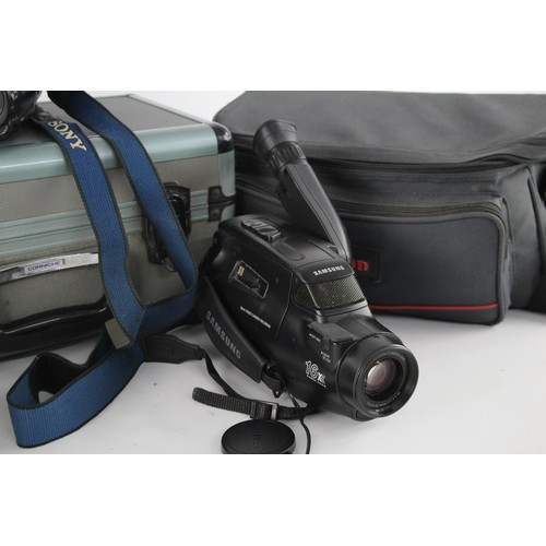 612 - 3 x Video CAMCORDERS Inc. Sony, Canon & Samsung w/ Cases/Bags Etc.