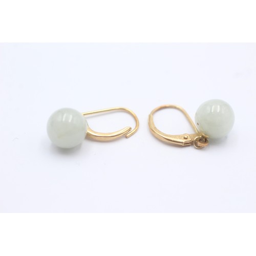 621 - 9ct Gold Jade Drop Beads Leverback Earrings (2.6g)