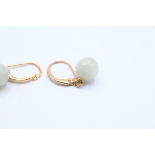 621 - 9ct Gold Jade Drop Beads Leverback Earrings (2.6g)