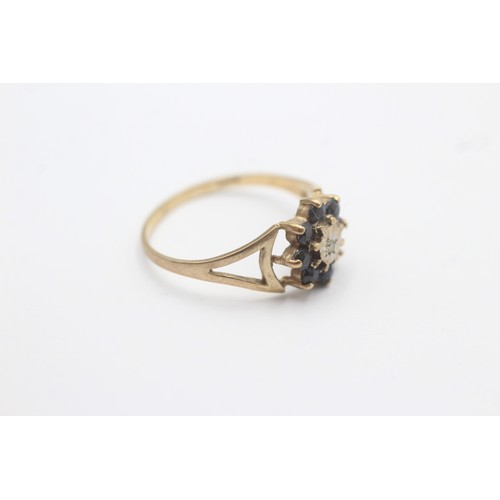 629 - 9ct White And Yellow Gold Diamond And Sapphire Flower Cluster Split Shank Ring (1.4g) SIZE- N