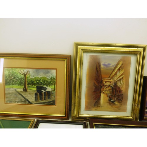 325 - JOBLOT OF PICTURES INCLUDING MINING PICTURES, PRINTS, WATER COLOURS, SIGNED OIL ON CANVAS, ABSTRACT ... 