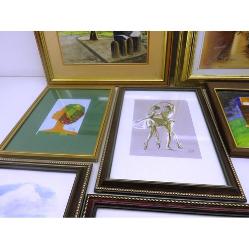 325 - JOBLOT OF PICTURES INCLUDING MINING PICTURES, PRINTS, WATER COLOURS, SIGNED OIL ON CANVAS, ABSTRACT ... 