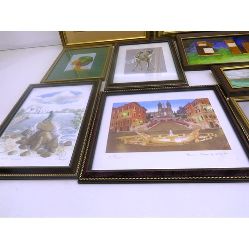 325 - JOBLOT OF PICTURES INCLUDING MINING PICTURES, PRINTS, WATER COLOURS, SIGNED OIL ON CANVAS, ABSTRACT ... 