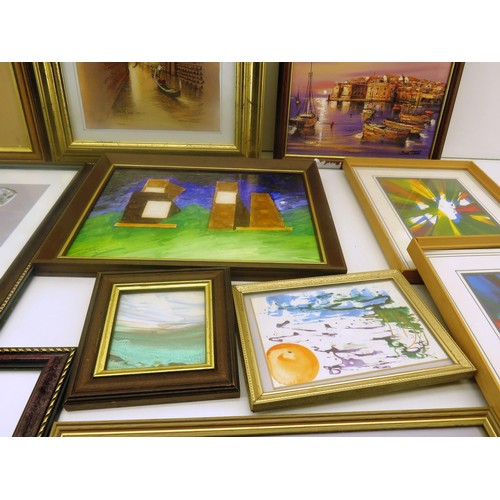 325 - JOBLOT OF PICTURES INCLUDING MINING PICTURES, PRINTS, WATER COLOURS, SIGNED OIL ON CANVAS, ABSTRACT ... 