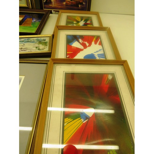 325 - JOBLOT OF PICTURES INCLUDING MINING PICTURES, PRINTS, WATER COLOURS, SIGNED OIL ON CANVAS, ABSTRACT ... 