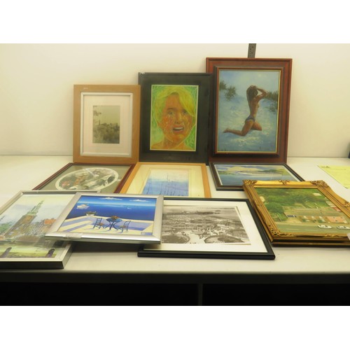 325 - JOBLOT OF PICTURES INCLUDING MINING PICTURES, PRINTS, WATER COLOURS, SIGNED OIL ON CANVAS, ABSTRACT ... 