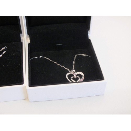 1 - 3 x DELPHINI SILVER HEART PENDANT NECKLACES SET WITH PINK AND WHITE CZ STONES - BOXED AND NEW