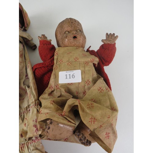 116 - TWO OLD DOLLS WITH CLOTHING