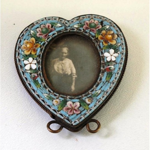 297 - BEAUTIFUL ANTIQUE ITALIAN MICRO MOSAIC HEART SHAPED MINIATURE PICTURE FRAME, Size 4.5cm x 4cm