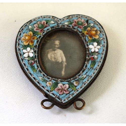 297 - BEAUTIFUL ANTIQUE ITALIAN MICRO MOSAIC HEART SHAPED MINIATURE PICTURE FRAME, Size 4.5cm x 4cm