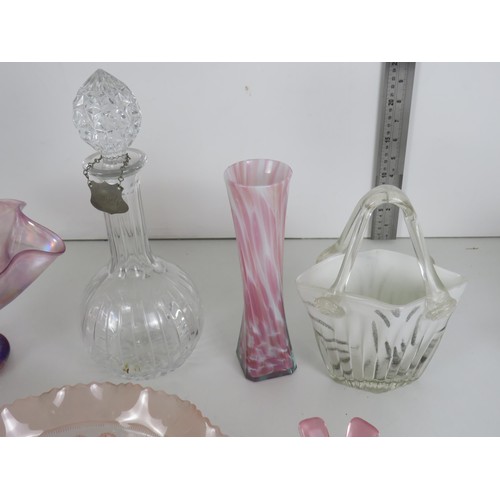 242 - LOT OF GLASSWARE TO INCLUDE PAPER WEIGHTS, PERFUME BOTTLES, CAKE STANDS AND BRANDY DECANTER