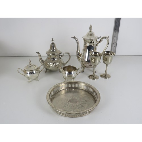 255 - BOX OF SILVERWARE ITEMS INCLUDING SILVER PLATED TEA SERVICE PLUS GOBLETS AND TRAY