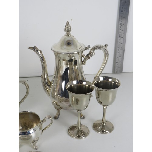 255 - BOX OF SILVERWARE ITEMS INCLUDING SILVER PLATED TEA SERVICE PLUS GOBLETS AND TRAY