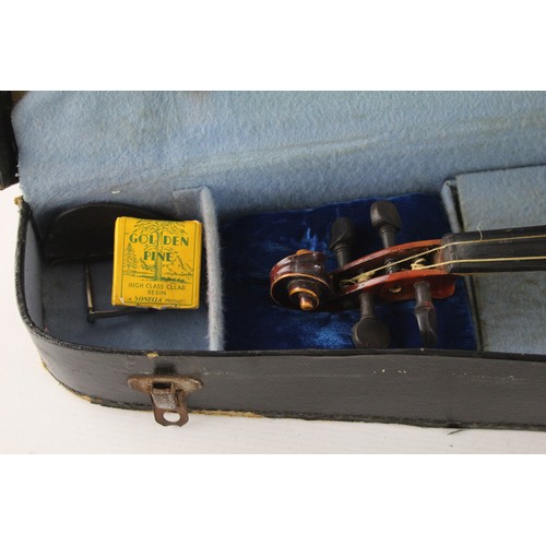 411 - Vintage violin with case, bow and gold pine resin