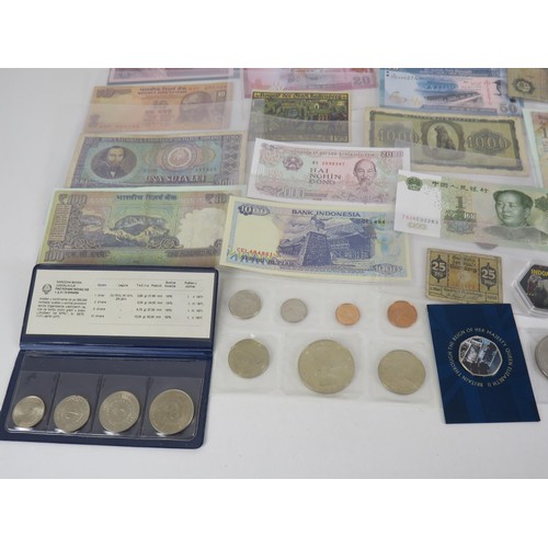 100A - COINS, COIN SETS AND THIRTY WORLD BANKNOTES ETC