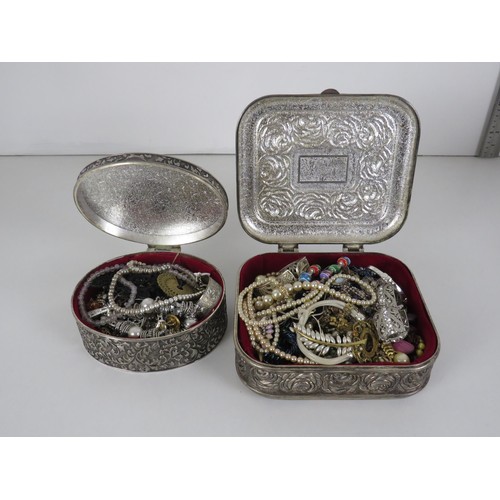 316 - 2 x SILVER COLOUR JEWELLERY BOXES WITH CONTENTS