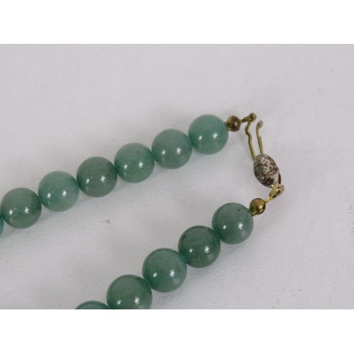 320 - AVENTURINE BEAD NECKLACE WITH GOLD COLOUR CLASP APPROXIMATELY 68CM LONG