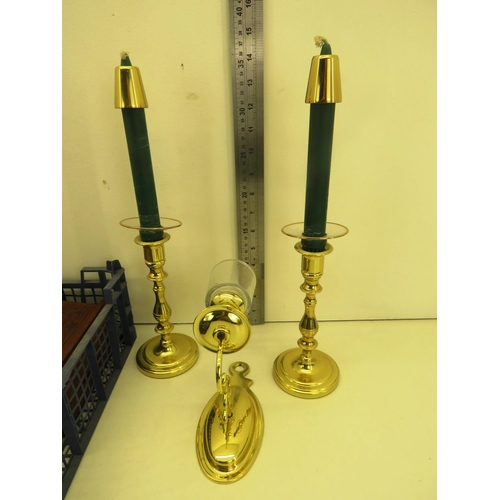 61 - 3 x BOXES OF MISCELLANEOUS INCLUDES PAIR OF BRASS CANDLESTICKS AND BRASS WALL CANDLE HOLDER, MERRYTH... 