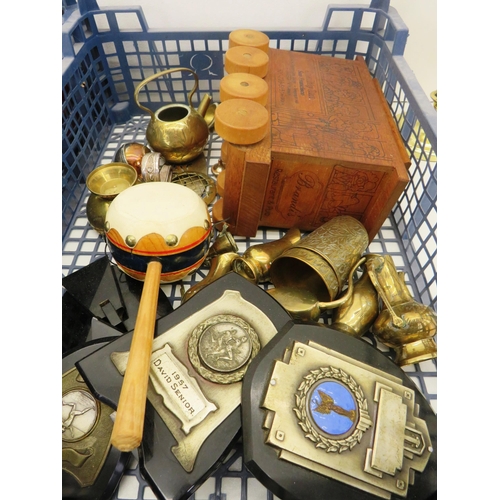 61 - 3 x BOXES OF MISCELLANEOUS INCLUDES PAIR OF BRASS CANDLESTICKS AND BRASS WALL CANDLE HOLDER, MERRYTH... 