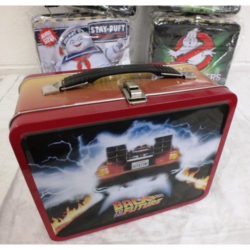 50B - 6 x METAL LUNCH BOX TINS - 1 BACK TO THE FUTURE & 5 GHOSTBUSTERS