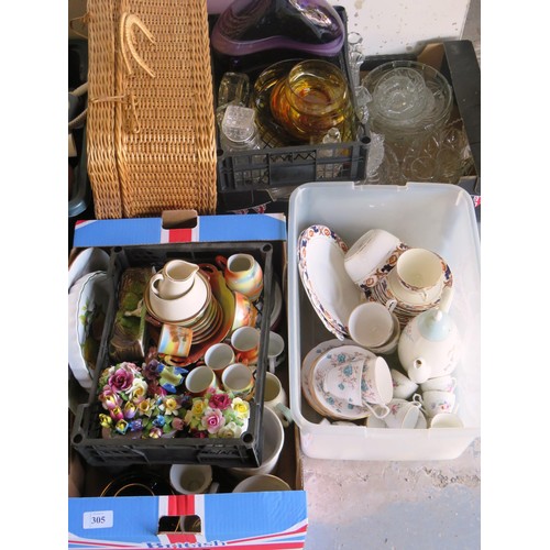 305 - QUANTITY OF GLASS AND POTTERY, ART VASE, AMBER FRUIT SET, DOULTON, FOLEY ETC