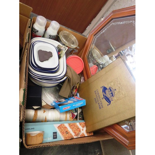 309 - JOBLOT OF MISCELLANOEUS - GLASSWARE, ENAMEL KITCHENWARE, WALL MIRROR ETC