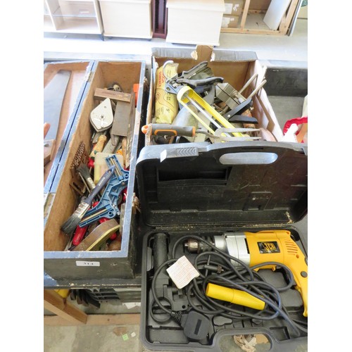 314 - JOBLOT OF TOOLS AND WOODEN TOOL BOX - INCLUDES JCB ELECTRIC DRILL