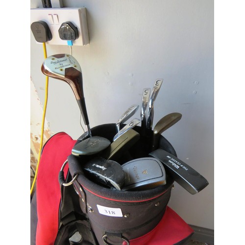 318 - MEMPHIS GOLF BAG AND 11 GOLF CLUBS INCLUDES SLAZENGER AND WILSON