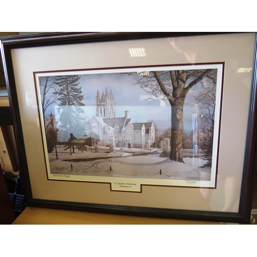 321 - 6 x LARGE FRAMED ASSORTED PICTURES INCLUDES LTD EDITION ST JOSEPHS UNIVERSITY, SIGNED PENCIL DRAWING... 