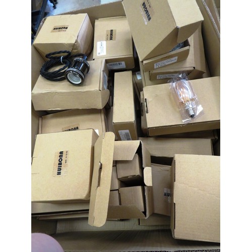 334 - TWO BOXES OF ELECTRICAL ITEMS INCLUDES RETRO PENDANT LIGHT FITTINGS, SEEDLING HEAT MATS AND LED CAND... 