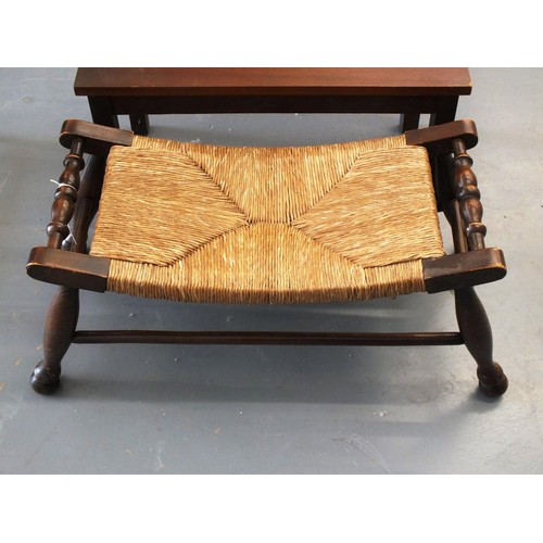 329 - ARTS AND CRAFTS SOLID WOOD AND WICKER RATTAN WOVEN FOOT REST AND SMALL COFFEE TABLE