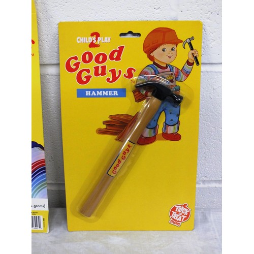 50 - CHILDS PLAY 2 GOOD GUYS - CONSTRUCTION HELMET, HAMMER & CEREAL BOX - ALL AS NEW