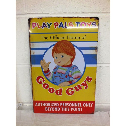 160 - CHILDS PLAY II GOOD GUYS METAL SIGN - DIMENSIONS 12
