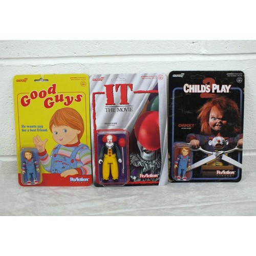 170 - 3 x SUPER 7 REACTION FIGURES - CHUCKY, PENNYWISE IT & GOOD GUYS - AS NEW