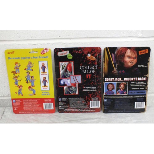 170 - 3 x SUPER 7 REACTION FIGURES - CHUCKY, PENNYWISE IT & GOOD GUYS - AS NEW