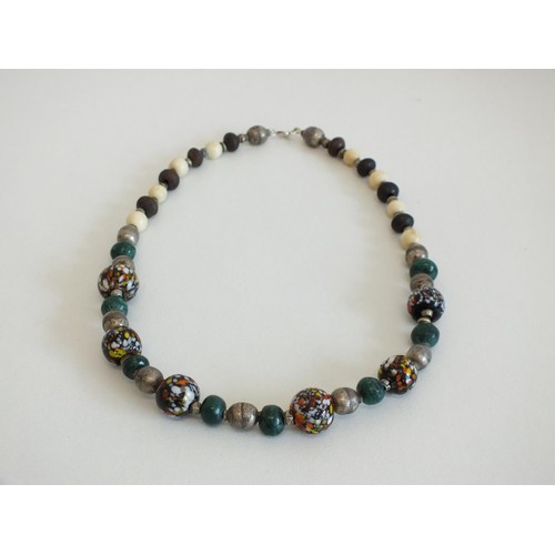 135 - ART DECO MALACAI AND PAINTED GLASS ITALIAN BEAD NECKLACE WITH 925 CLASP