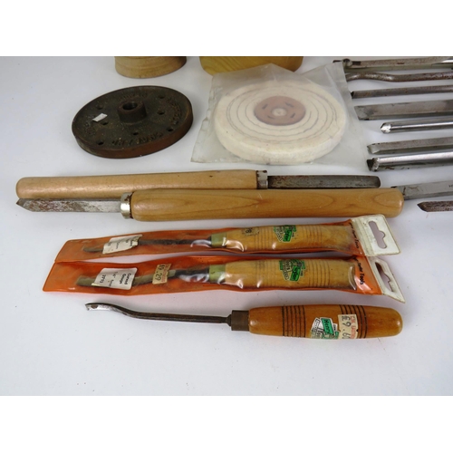 330 - LARGE SELECTION OF WOODWORKING TOOLS FOR LATHE PLUS MACHINE BITS