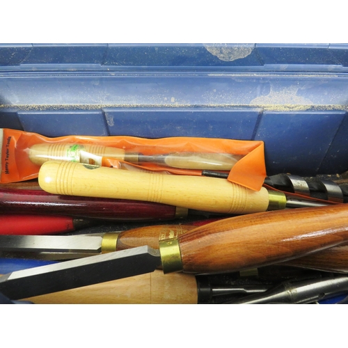 334 - LARGE TOOL BOX, HAND PLANES, SAWS, CHISELS, LATHE WOOD WORKING TOOLS, SMALL BOX PIPE CUTTERS, DRILL ... 