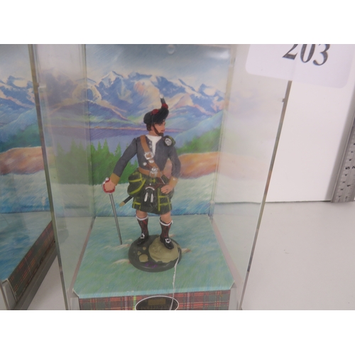 203 - 3 ORNAMENTAL SCOTTISH SOLDIERS IN DISPLAY BOXES