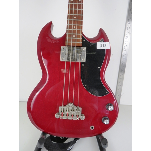 213 - EPIPHONE EB-0 SG SHORT SCALE BASS GUITAR WITH STAND SLIGHT DAMAGE TO TOP OF NECK COVERED WITH CLEAR ... 