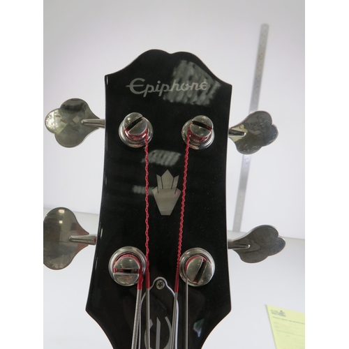 213 - EPIPHONE EB-0 SG SHORT SCALE BASS GUITAR WITH STAND SLIGHT DAMAGE TO TOP OF NECK COVERED WITH CLEAR ... 