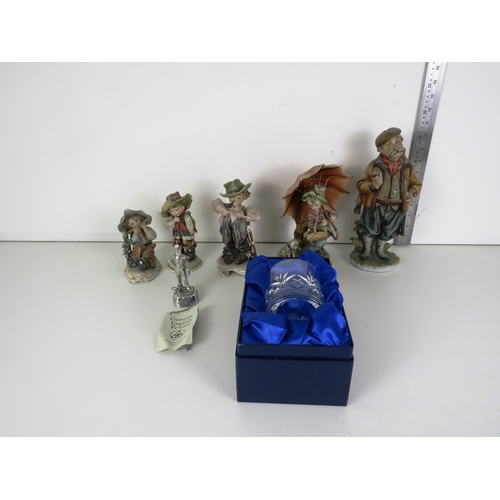 73 - PEWTER HAND CRAFTED FIGURINE (BOXED) CUT GLASS BOXED TUMBLER AND FIVE IKATIAN CERAMIC FIGURINES