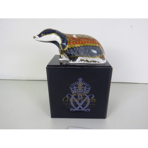 74 - ROYAL CROWN DERBY PAPERWEIGHT MOONLIGHT BADGER WITH GOLD STOPPER- BOXED