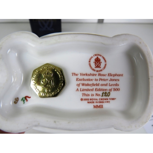 76 - ROYAL CROWN DERBY PAPERWEIGHT- THE YORKSHIRE ROSE ELEPHANT 120/500 GOLD STOPPER- BOXED WITH CERTIFIC... 