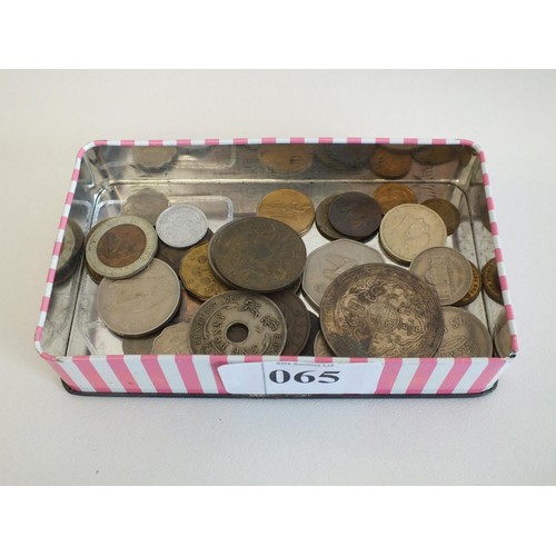 65 - TIN BOX OF FOREIGN COINS
