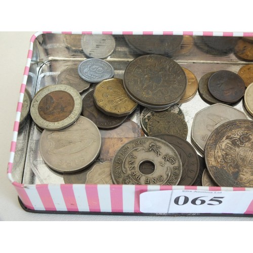 65 - TIN BOX OF FOREIGN COINS